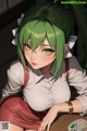 A girl with green hair sitting at a table.