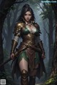 A woman in armor standing in a forest holding a sword.