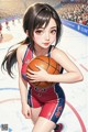 A girl holding a basketball on a basketball court.